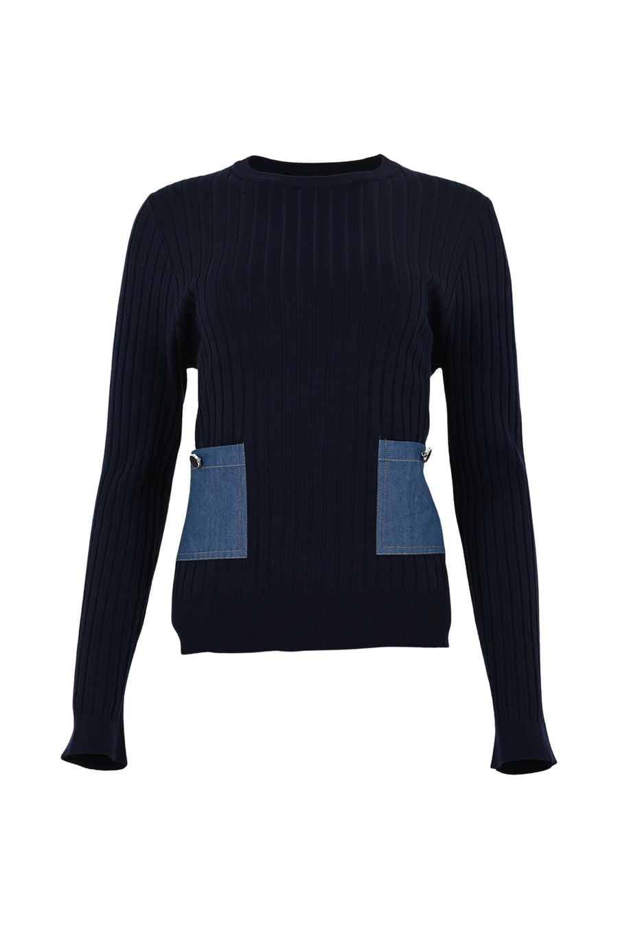 Navyblauwe sweater Pess van Maicazz & Zizo, gedragen door een model, met zachte stof en ronde hals.