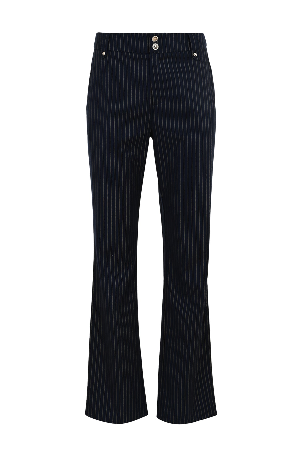 Gele broek Philia Pinstripe Gold van Maicazz & Zizo, met goudkleurige streepdetails en een casual, stijlvolle pasvorm.