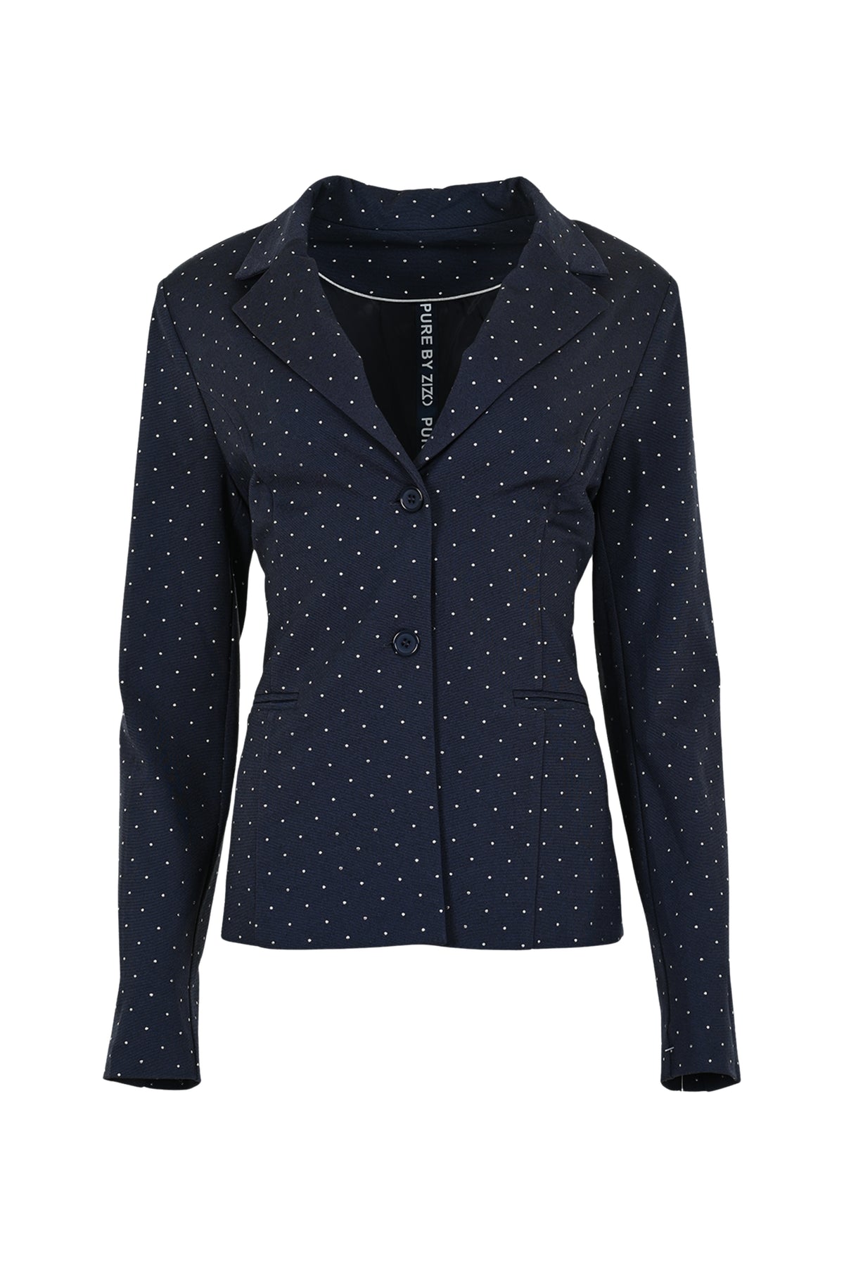 Navy blauwe jas met zilveren details van Maicazz & Zizo, model Sila, zichtbaar op een model.