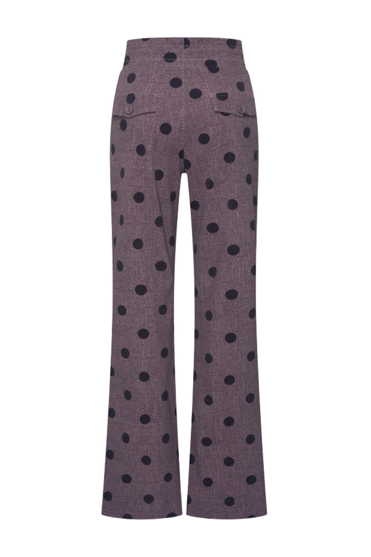 Dames zware reisbroek met dots-structuur in wintergrijs van Mi Piace, zachte en warme wintermode, close-up van de stof.