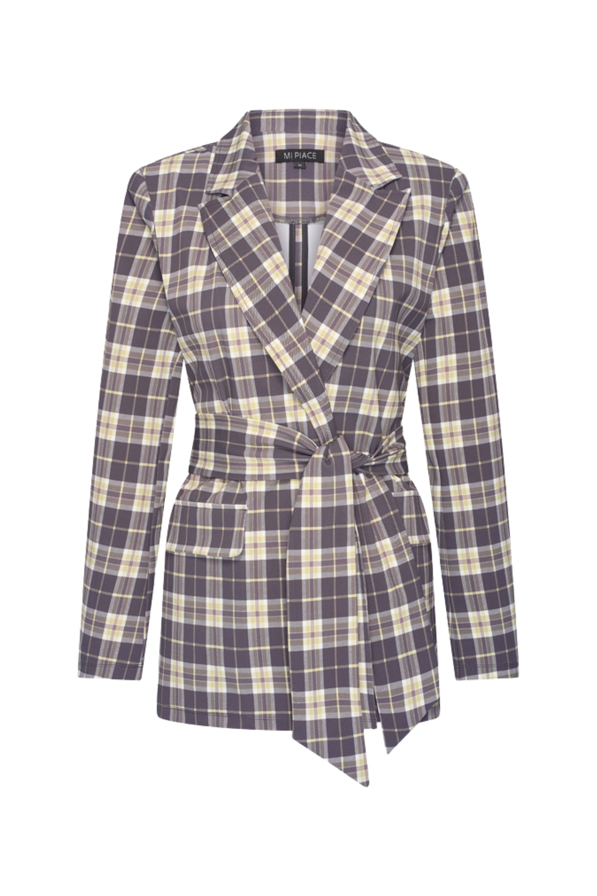 Mi Piace travel blazer met riem, herfst- en winterprint in ruitpatroon, in de kleur Pear, geschikt voor koude seizoenen.