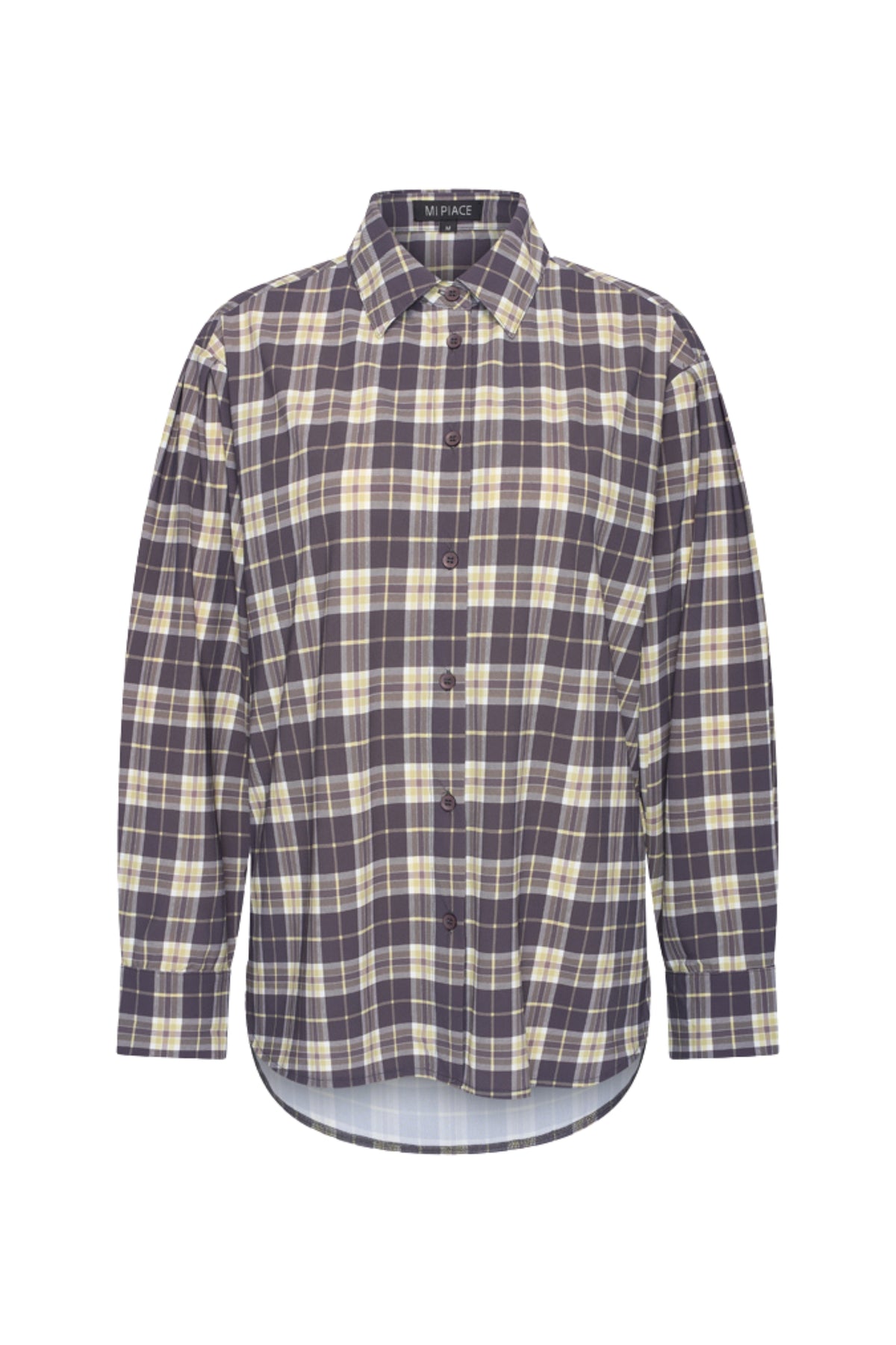 Lichte reisblouse van Mi Piace met herfstachtige ruitprint, geschikt voor winter, zichtbaar op de afbeelding.