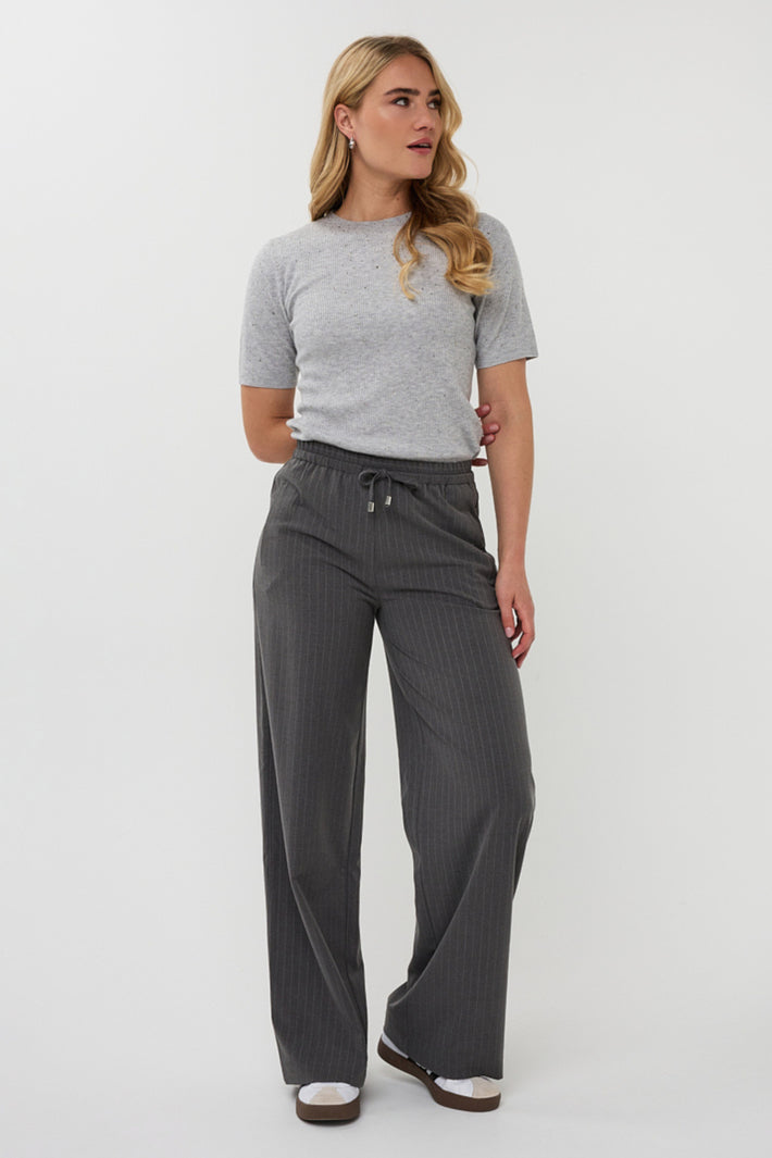 Grijze gestreepte drawstring broek van EsQualo, modieuze pinstripe print en comfortabele pasvorm, zichtbaar op model.