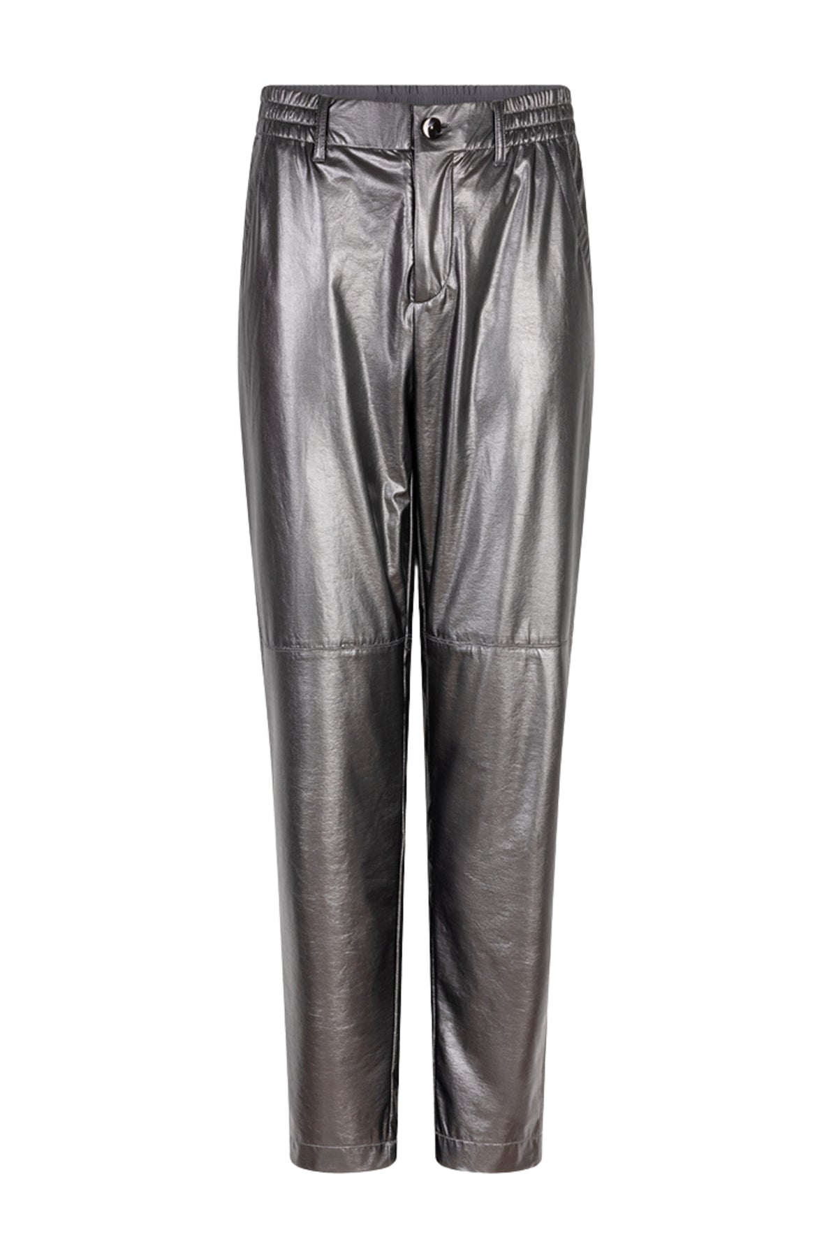 Metallic grijze PU broek van EsQualo met een moderne, glanzende afwerking en een aansluitend pasvorm.