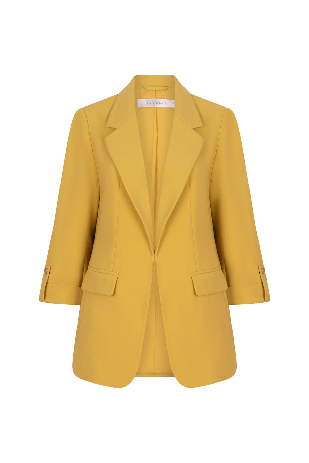 Gouden olijvkleurige blazer van EsQualo Turn Up City, model Mandy, getoond op een persoon met een lichte achtergrond.
