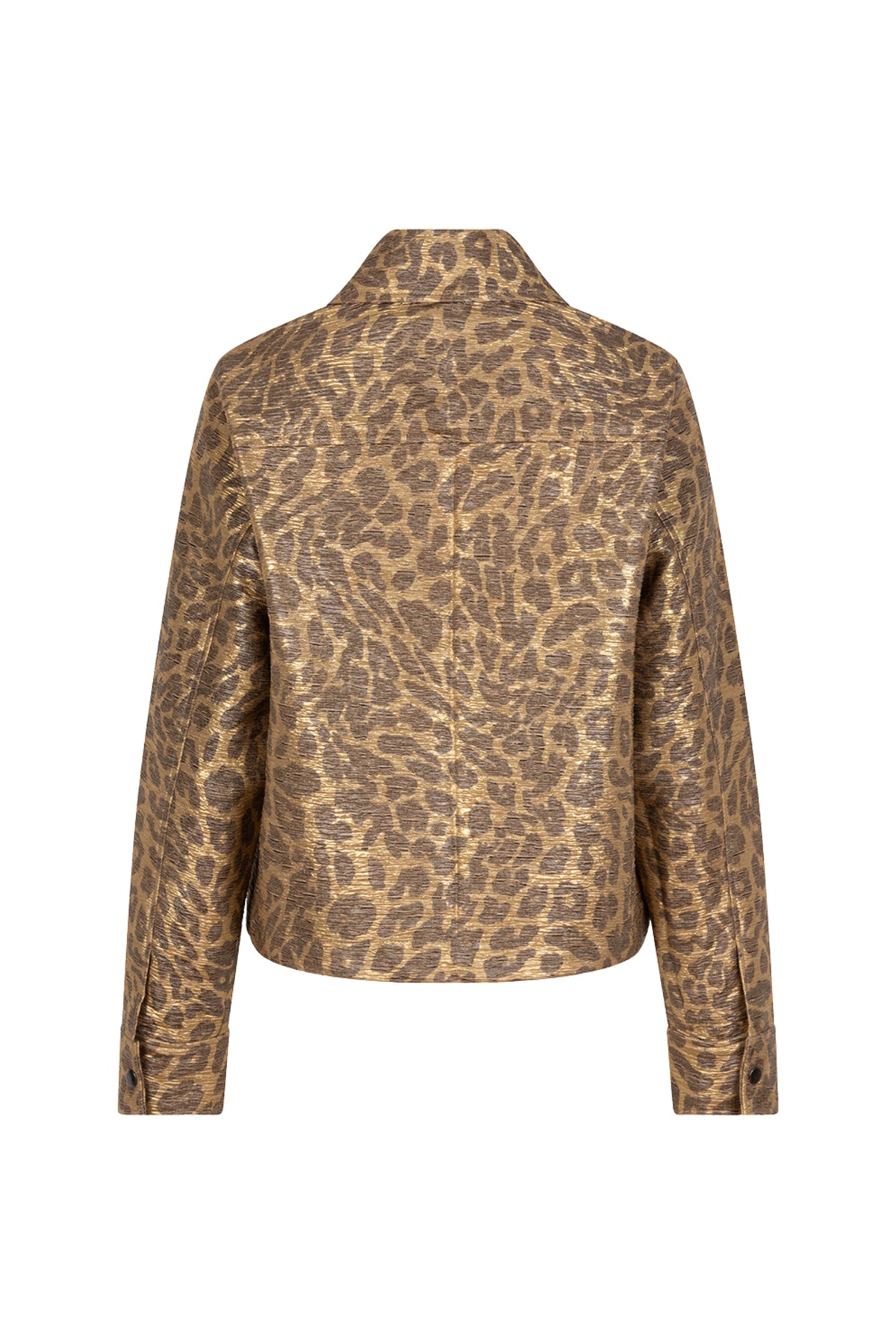 Gouden olijfgroene leopardprint jas van EsQualo met verstelbare kraag en knoopsluiting, gedragen door een model.