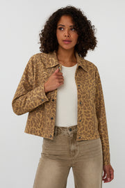 Gele en olijfgroene leopardprint jas van EsQualo, stijlvolle en comfortabele winterjas met opvallend patroon.