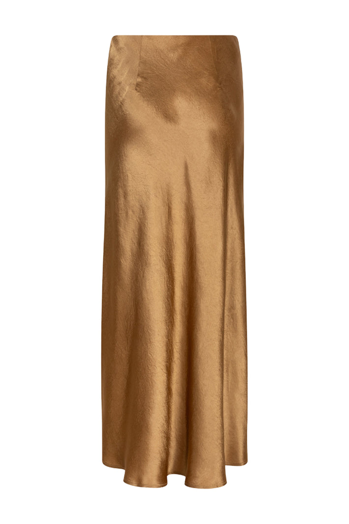 Gouden olijfgroene lange rok van Acetate door EsQualo, met vloeiende pasvorm en elegante uitstraling.