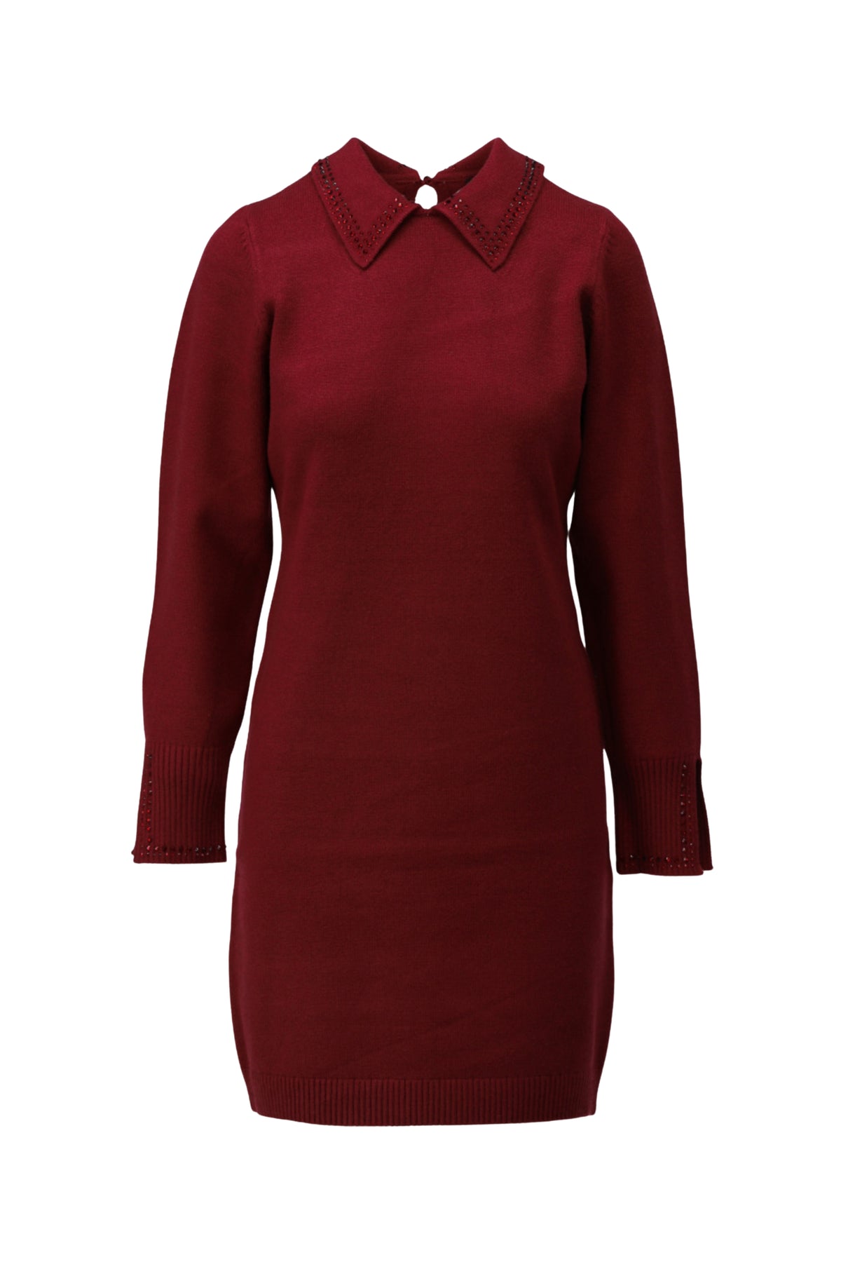 Burgundy jurk met strass details van K-design, elegante pasvorm en glanzende versieringen, geschikt voor feestelijke gelegenheden