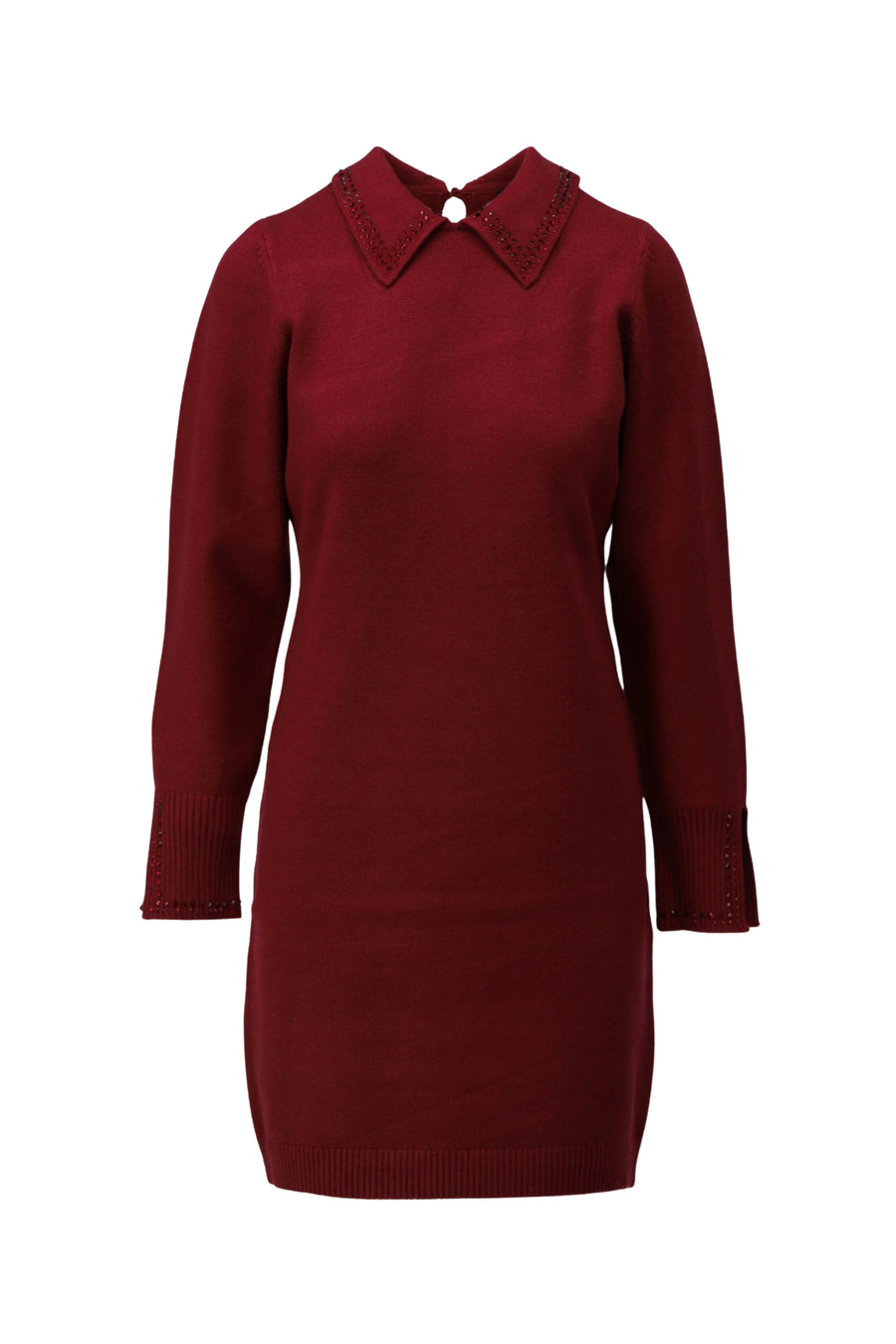 Burgundy jurk met strass details van K-design, elegante pasvorm en glanzende versieringen, geschikt voor feestelijke gelegenheden