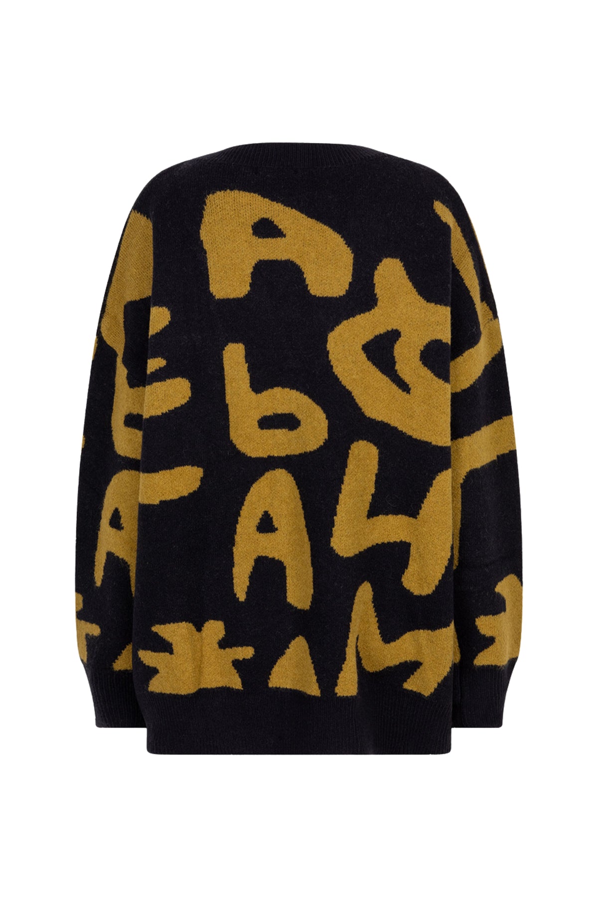Zwarte vest met gouden en olijfgroene intarsia letters van EsQualo, modieus en comfortabel, close-up van het ontwerp.
