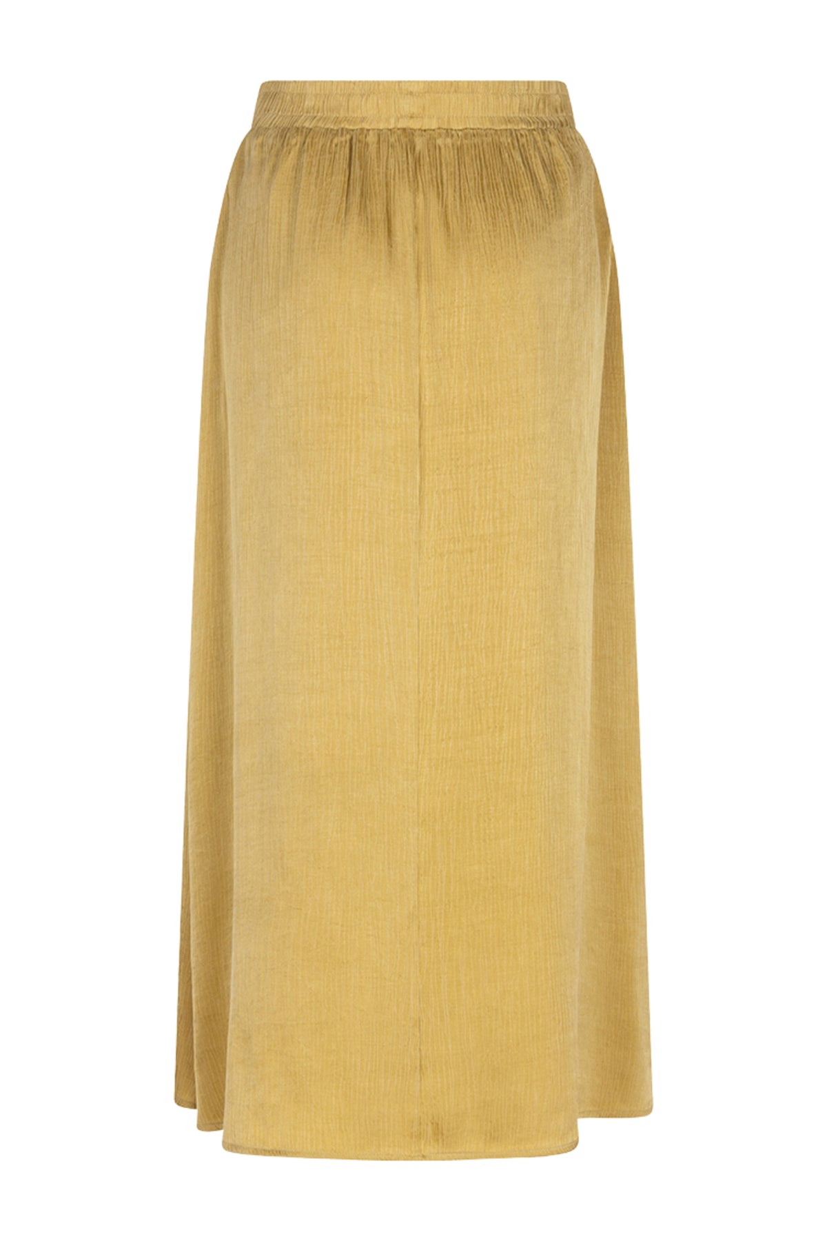 Lange crinkle rok van EsQualo in goudgroene kleur, gemaakt van Cupro, met vloeiende en elegante uitstraling.