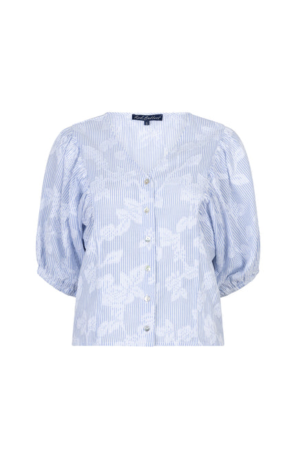 Red Button Blouse Balloonsleeve Stripe & Flower Blue SRB4838 Stretchshop.nl