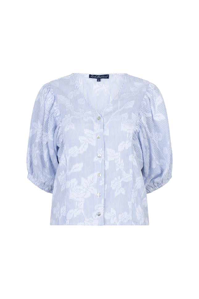 Red Button Blouse Balloonsleeve Stripe & Flower Blue SRB4838 Stretchshop.nl