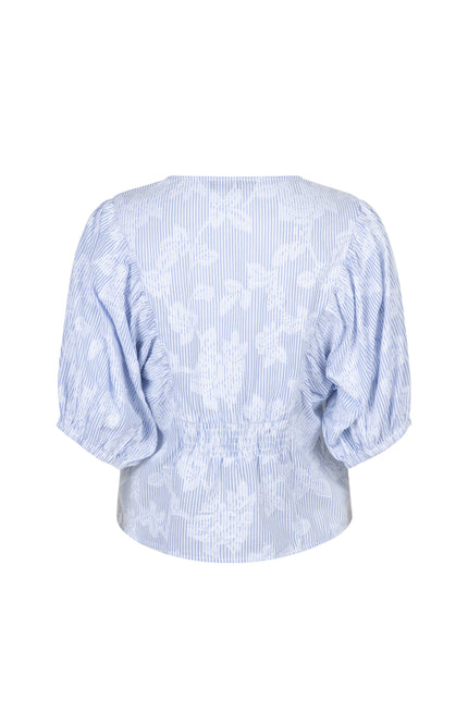 Red Button Blouse Balloonsleeve Stripe & Flower Blue SRB4838 Stretchshop.nl