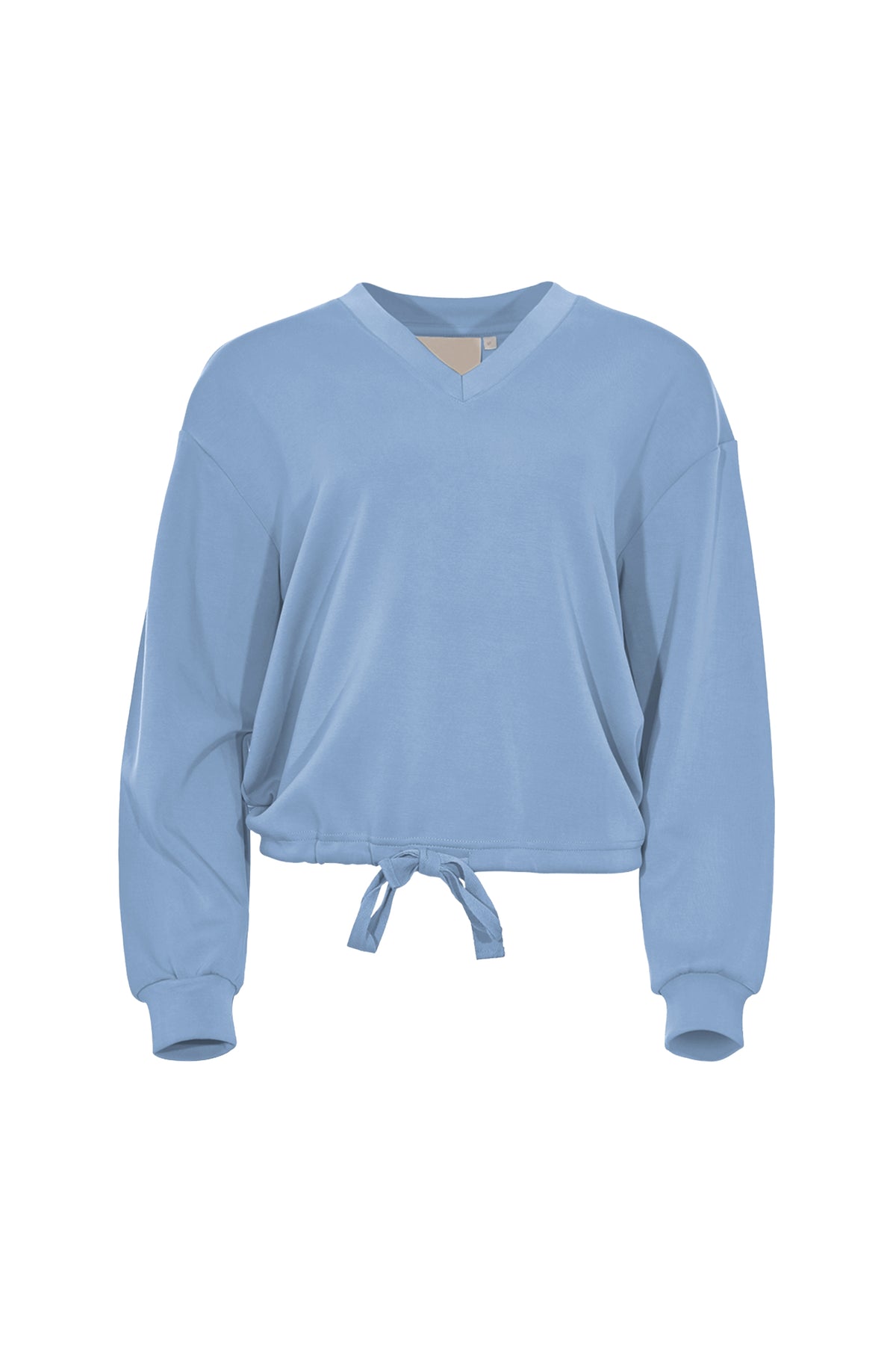 Blauw top met illusionerend ontwerp van Maicazz & Zizo, zichtbaar op een model met een moderne stijl.