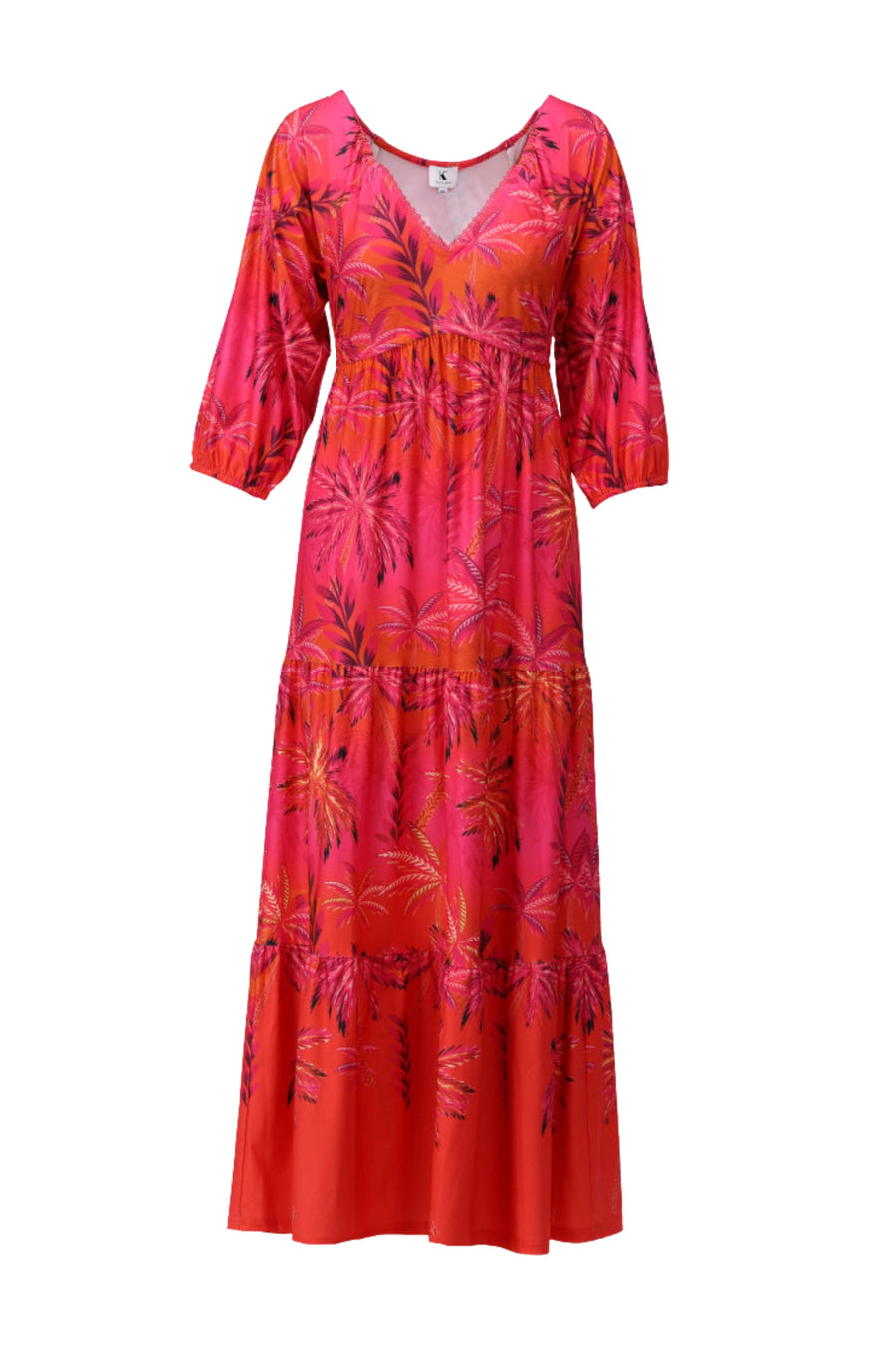 Lange maxi jurk met kleurrijk design van K-design, elegante pasvorm en opvallend patroon, zichtbaar in de afbeelding.