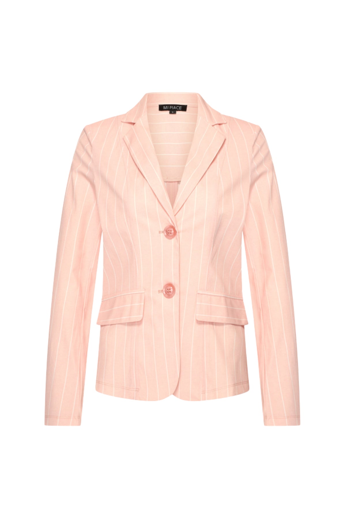 Mi Piace reiskostuum blazer met klassieke streepprint in mellow rose, zichtbaar op de afbeelding.