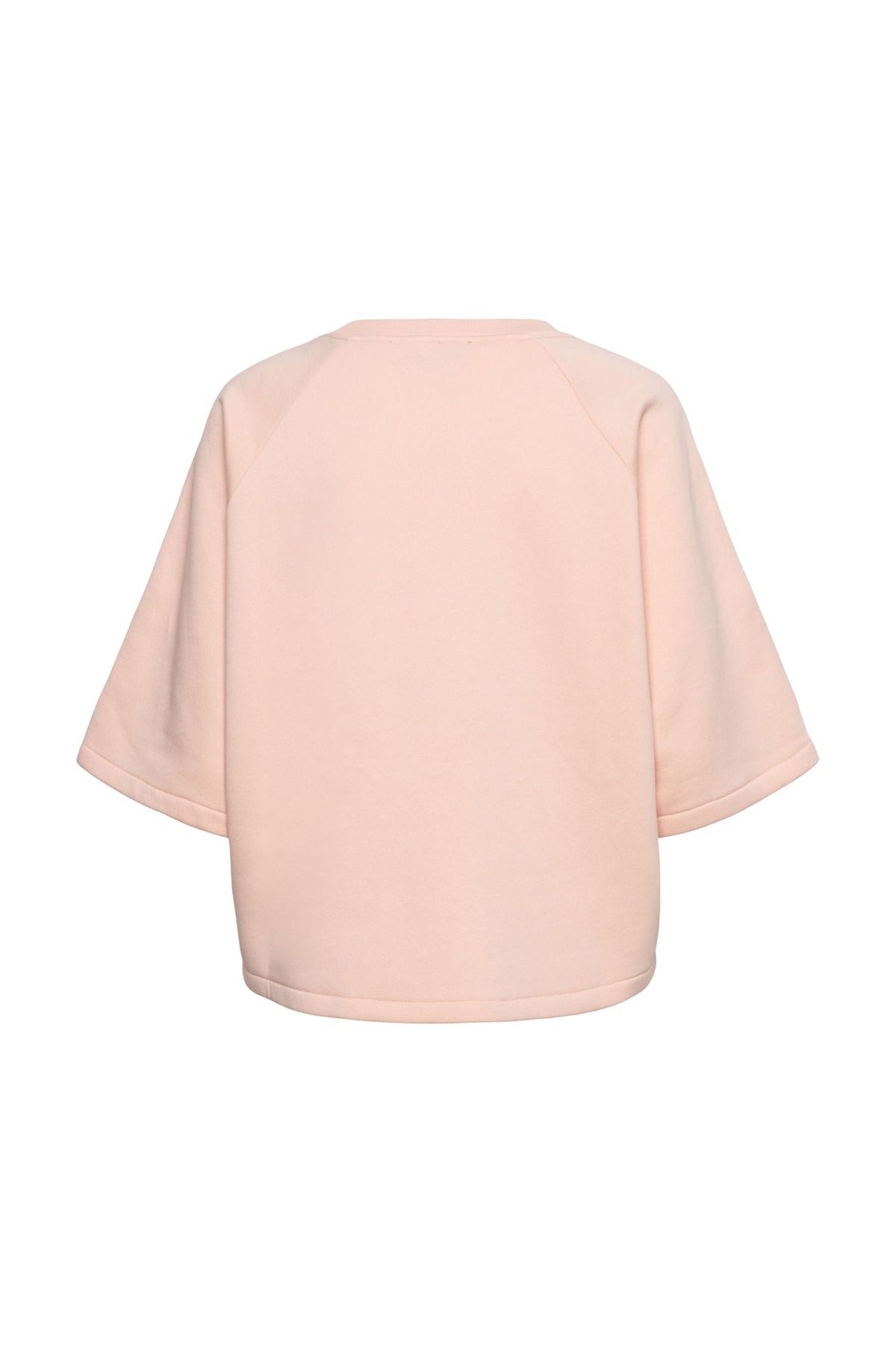 Lichte roze trui Sterre Powder Pink van &Co woman, zacht en comfortabel met een losse pasvorm, gedragen door een model.