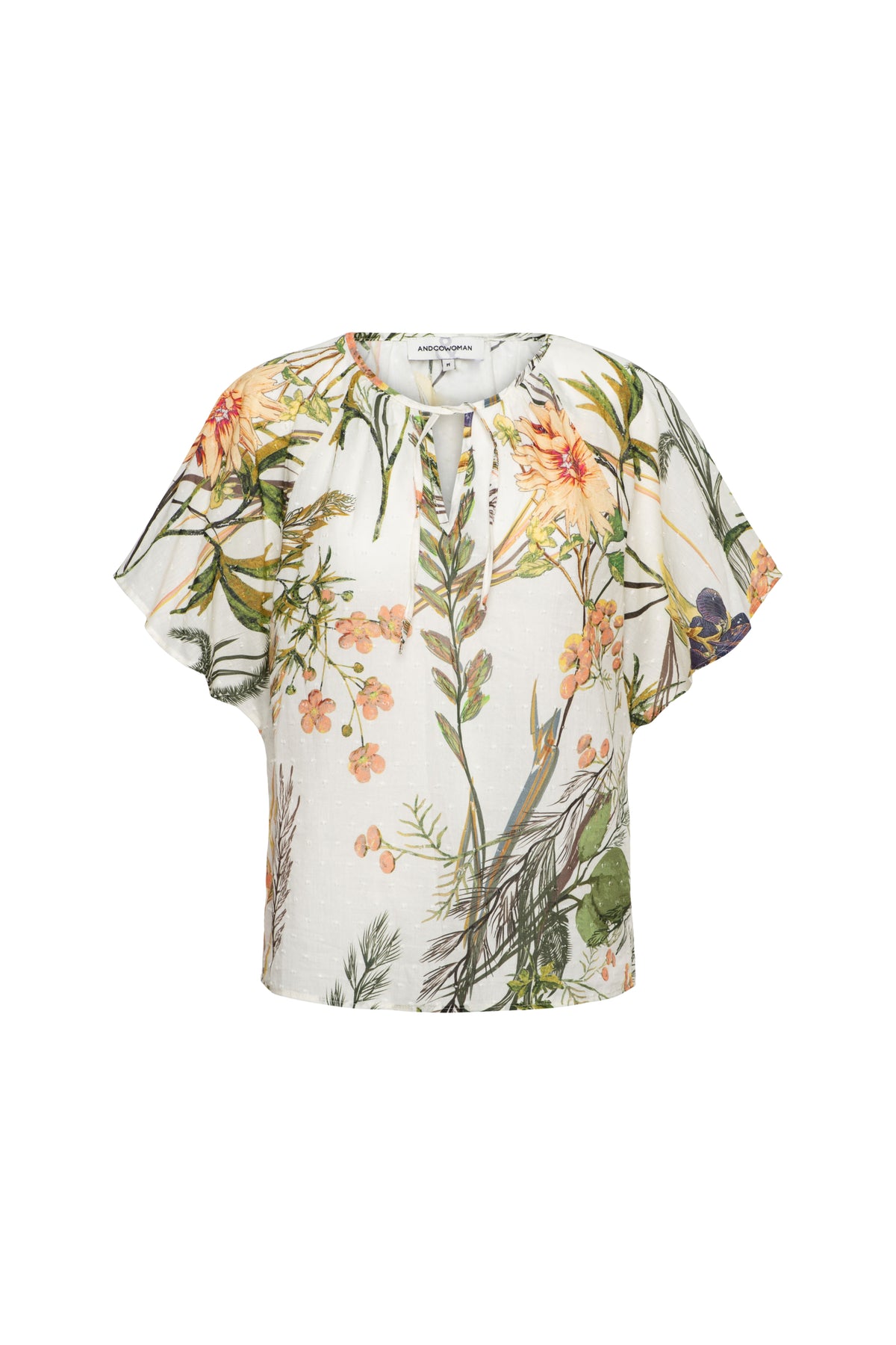 Offwhite Axelle Flower Top van &Co woman met bloemenprint, korte mouwen en ronde hals, gedragen door een model.