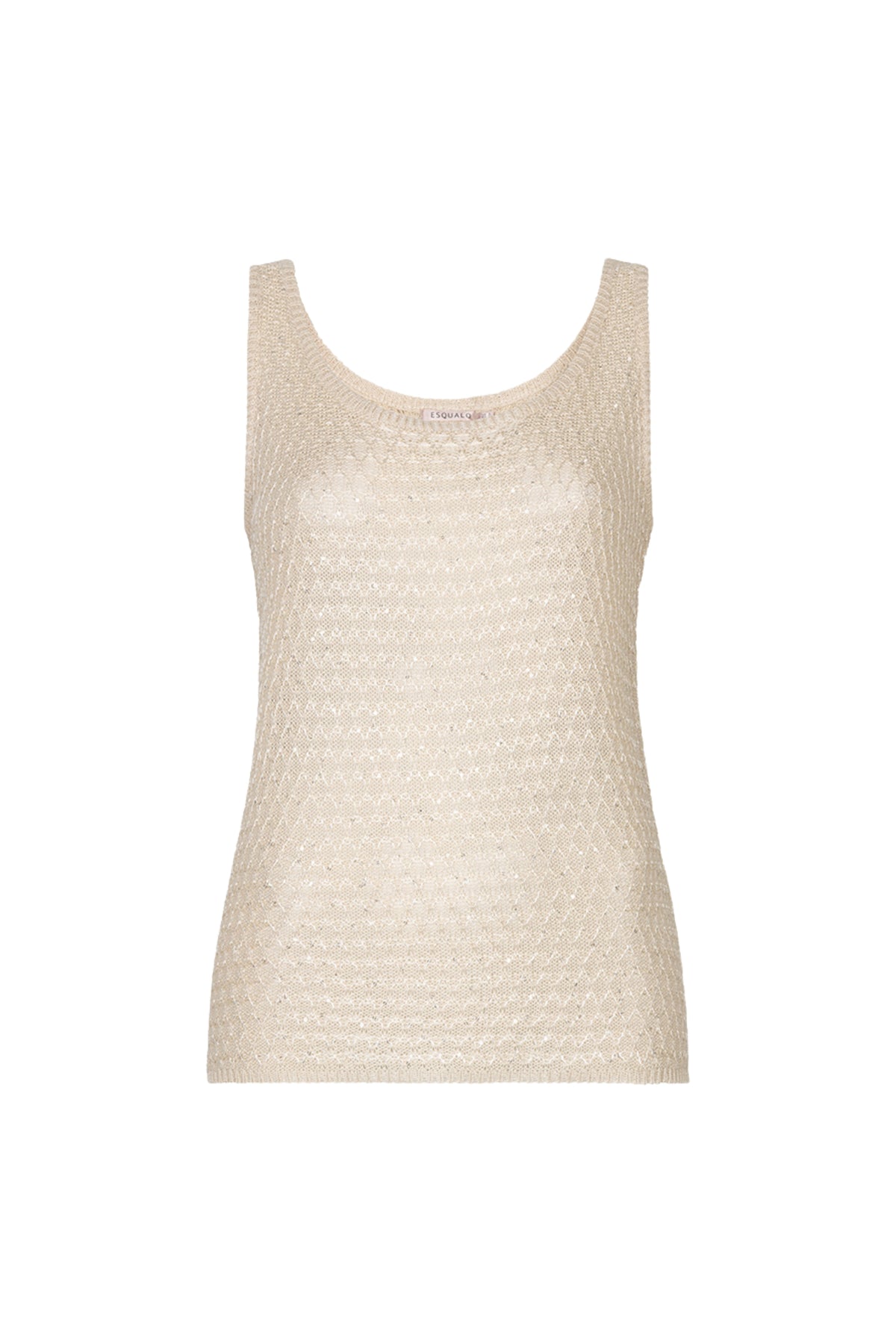 Zwart top met knit en sequin details van EsQualo, model Monique, voor dames, close-up van de textuur en glanzende sequin afwerking