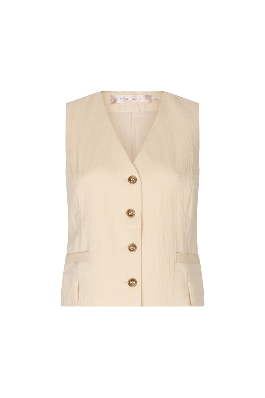 Crushed lichte zandkleur gilet van EsQualo, getoond op een model, met open voorkant en stijlvolle details.