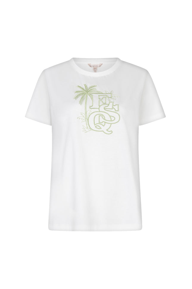 EsQualo T-shirt Palm Esq Embroidery Offwhite Green HS26.05202 Stretchshop.nl