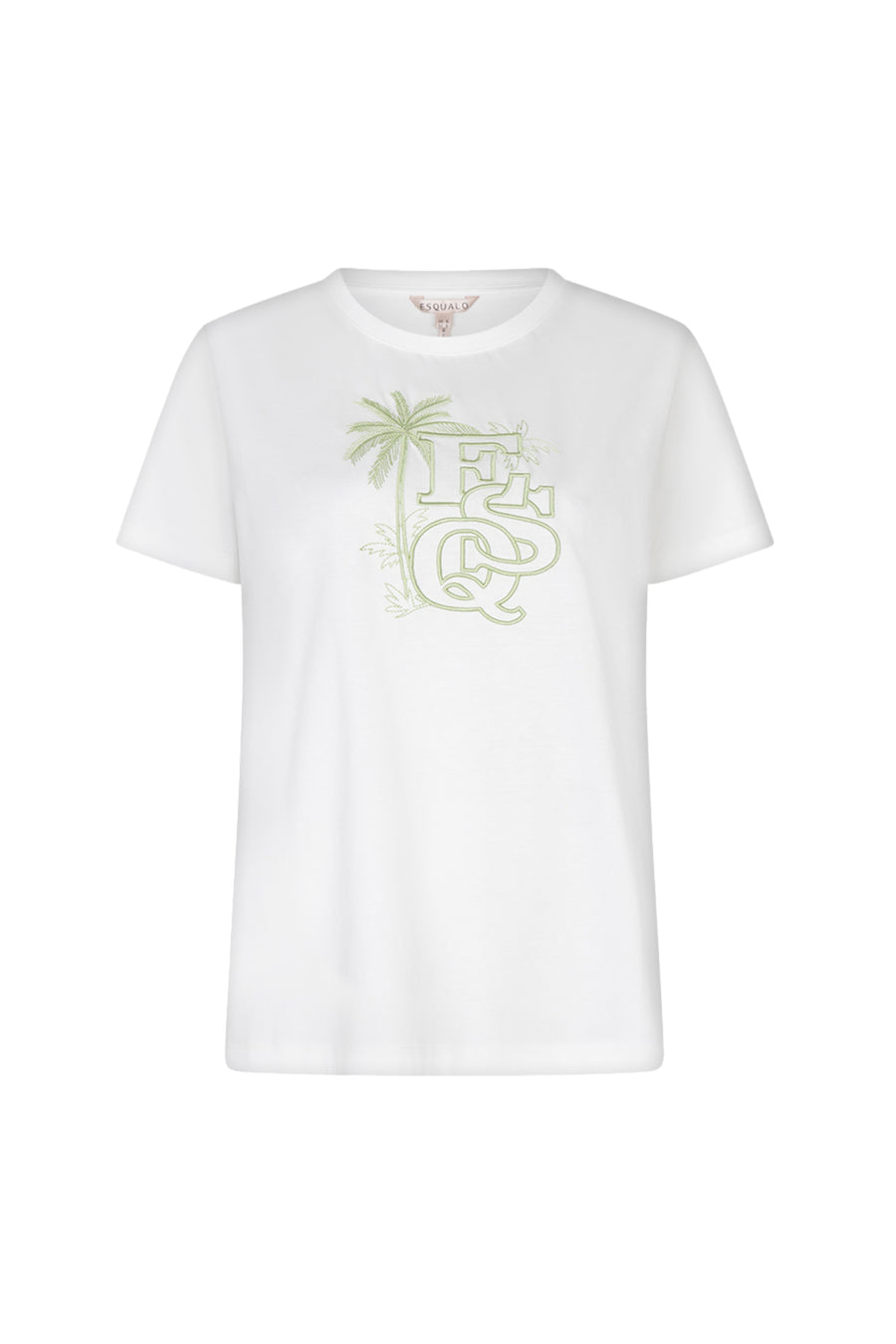 Offwhite en groene EsQualo T-shirt Palm Esq met borduursel, casual stijl en comfortabele pasvorm.