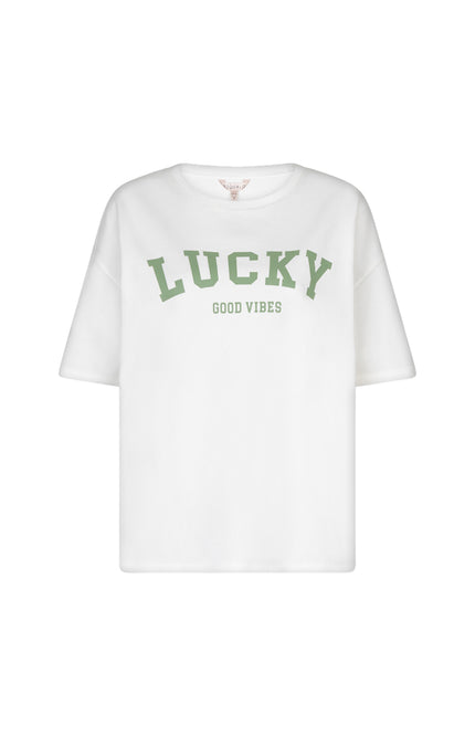 EsQualo T-shirt French Terry Offwhite Green HS26.05215 Stretchshop.nl