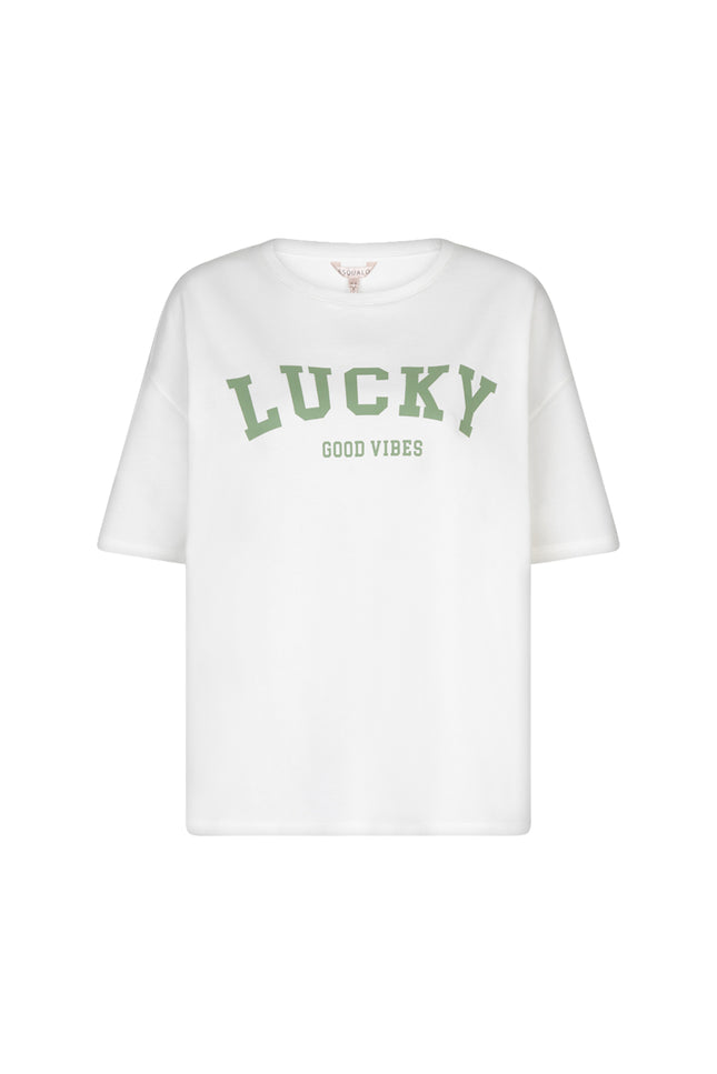 EsQualo T-shirt French Terry Offwhite Green HS26.05215 Stretchshop.nl