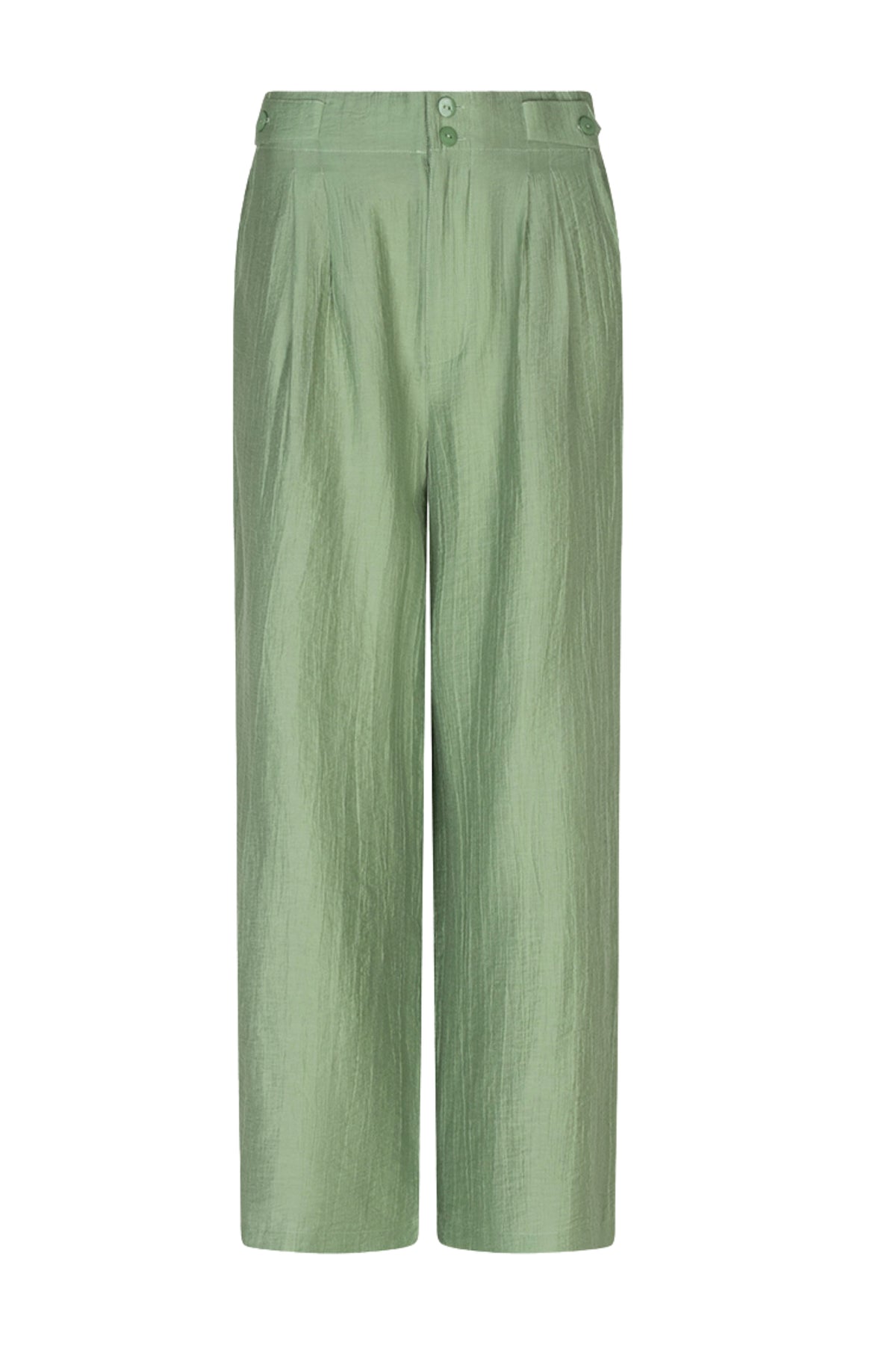 Lichte groene wide crinkle broek van EsQualo met jungle groen kleur en losse pasvorm, model Monique draagt de stijlvolle broek.
