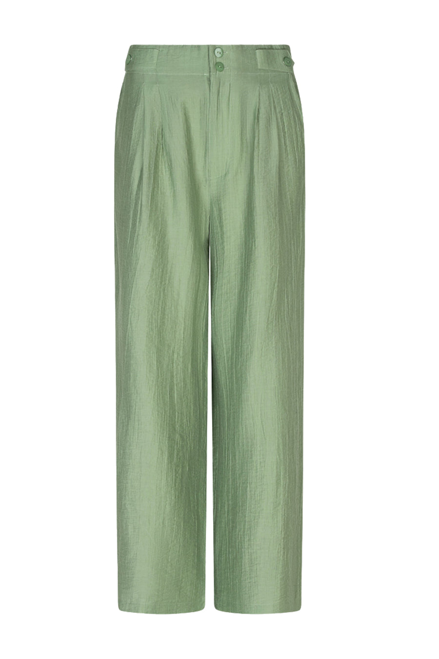 Lichte groene wide crinkle broek van EsQualo met jungle groen kleur en losse pasvorm, model Monique draagt de stijlvolle broek.