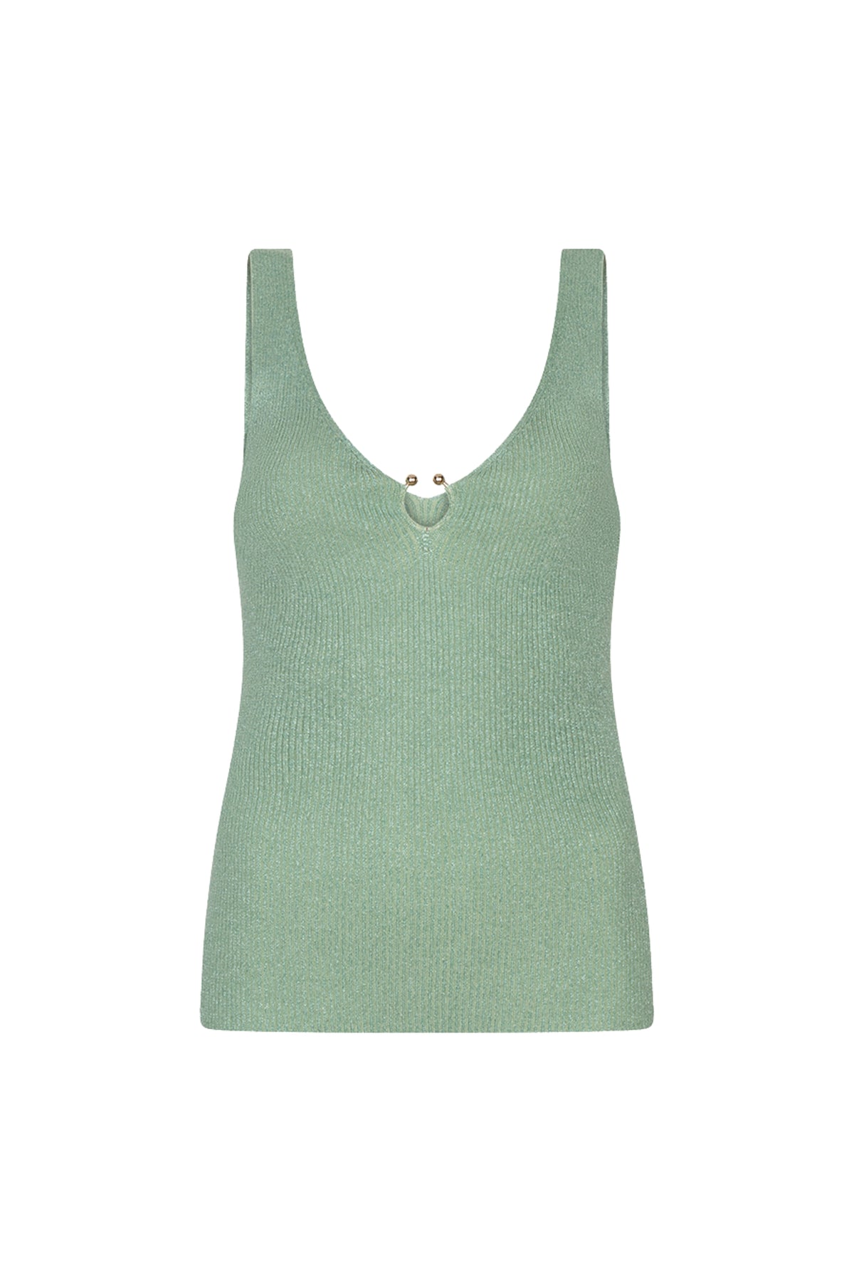 Groene ribbelige top van EsQualo met hook en lurex, zacht textuur, geschikt voor modieuze casual outfits.
