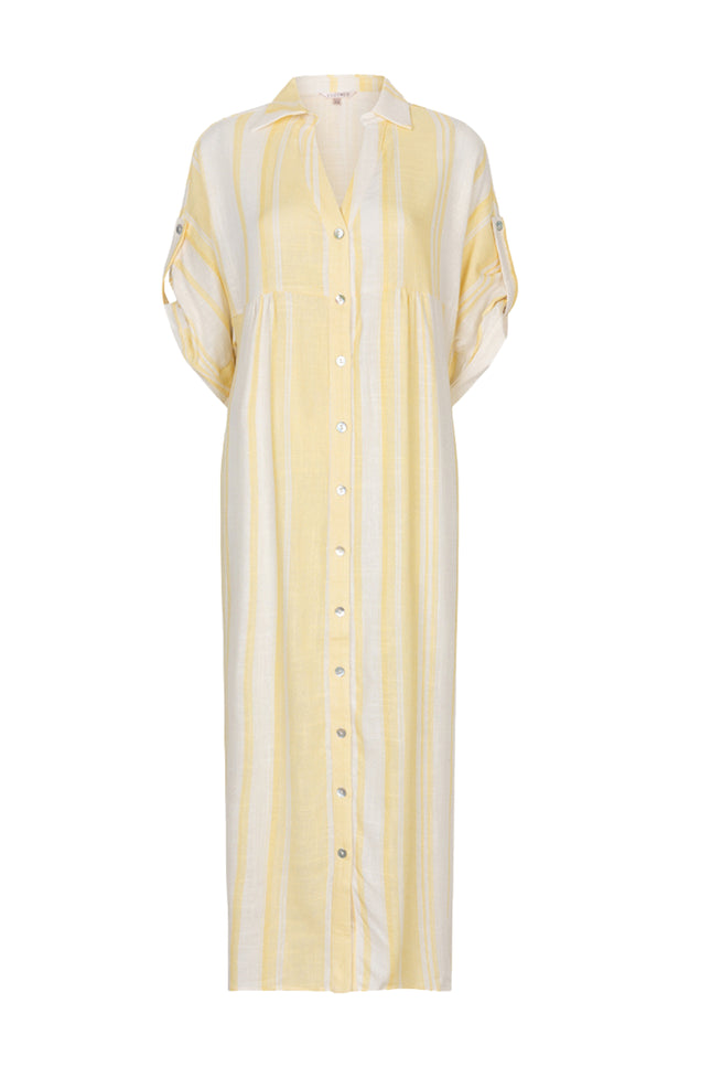 EsQualo Jurk Long Striped Linen Offwhite Lemon HS26.28215 Stretchshop.nl