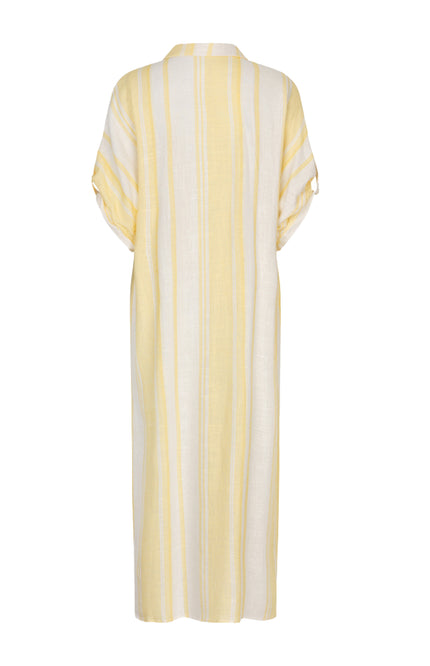 EsQualo Jurk Long Striped Linen Offwhite Lemon HS26.28215 Stretchshop.nl