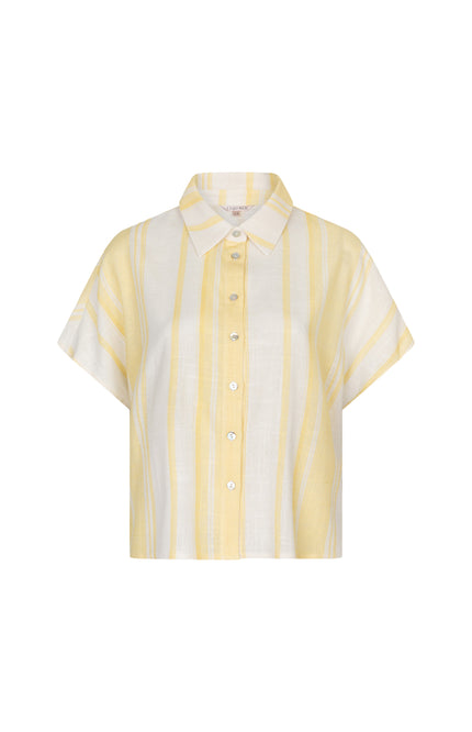 EsQualo Blouse Short Striped Linen Offwhite Lemon HS26.28216 Stretchshop.nl