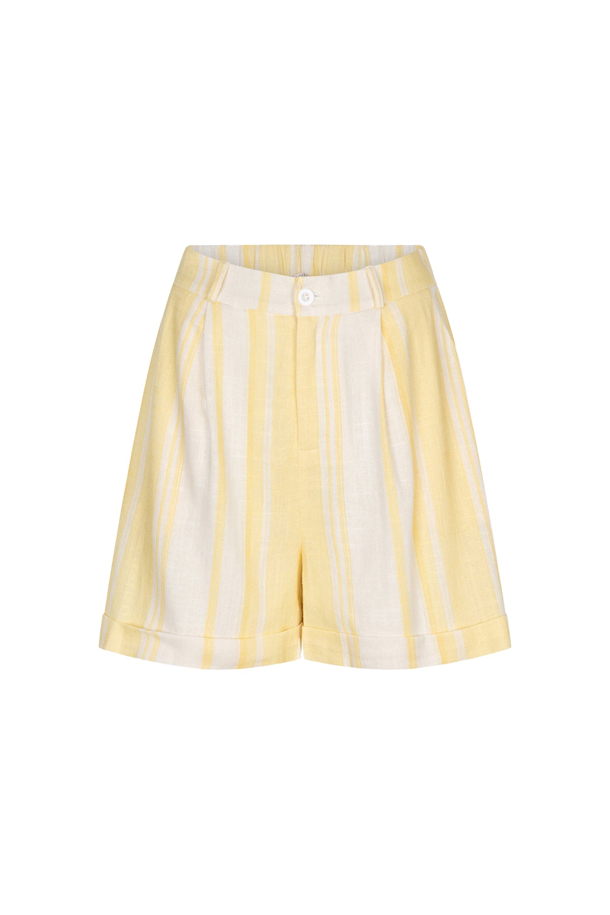 Linnen short met offwhite en gele strepen, ontworpen door EsQualo, met een relaxte pasvorm en casual stijl.