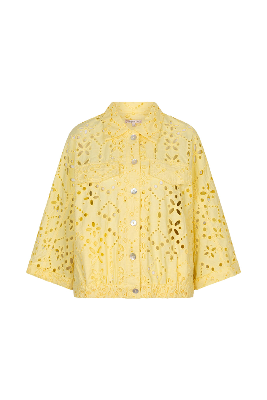 Lichtgele Broderie Anglaise jas van EsQualo met fijne details en elegante stijl, geschikt voor lente en zomer.