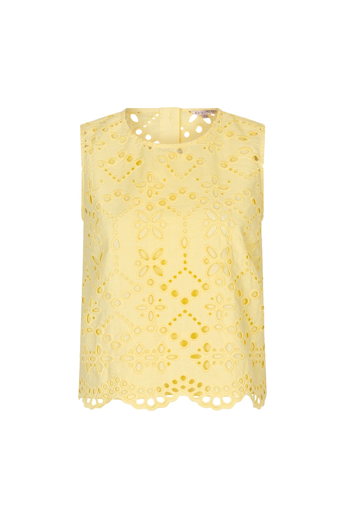 Broderie Anglaise top van EsQualo in lichtgeel met bloemenpatroon, elegante en luchtige zomerblouse.