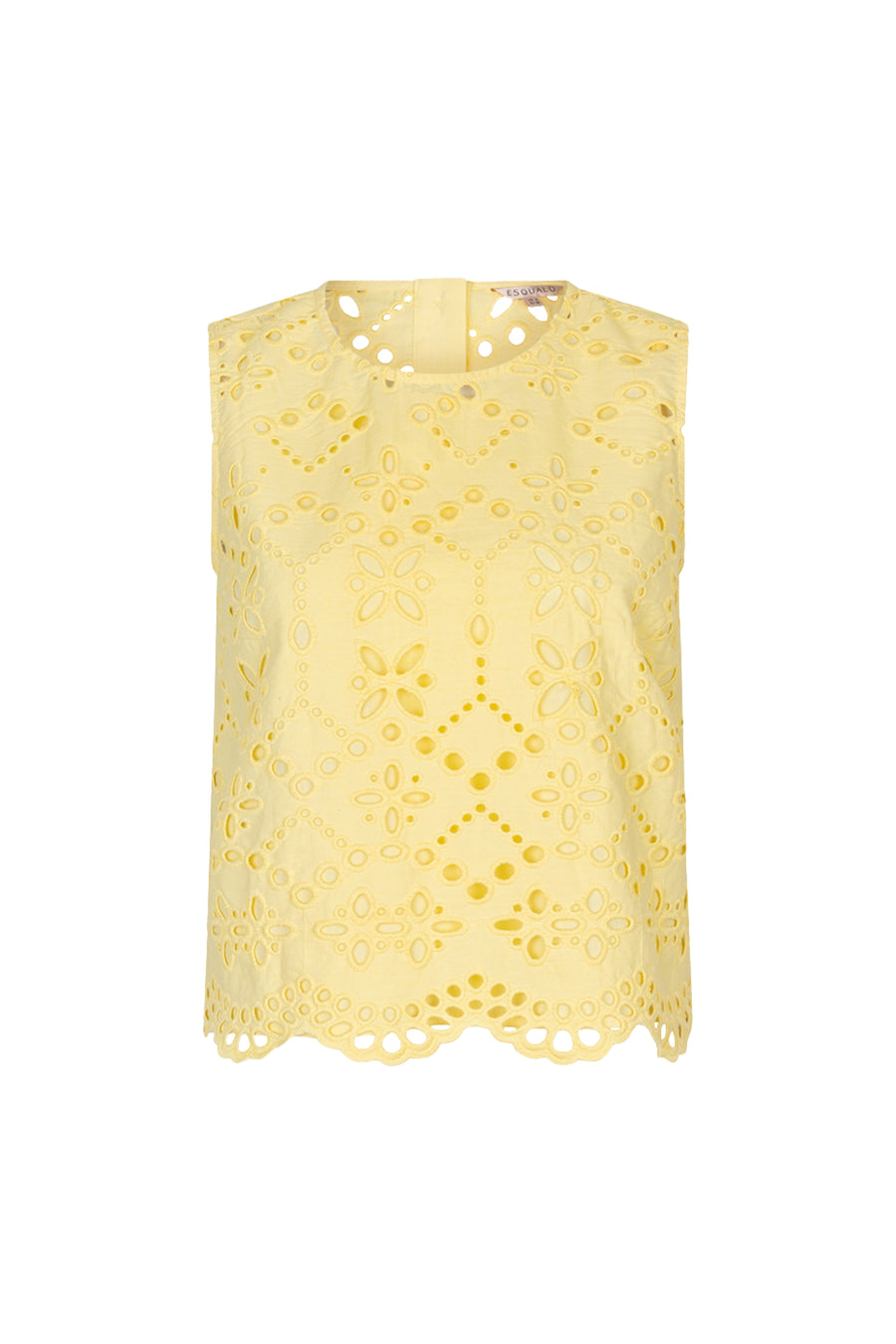 Broderie Anglaise top van EsQualo in lichtgeel met bloemenpatroon, elegante en luchtige zomerblouse.