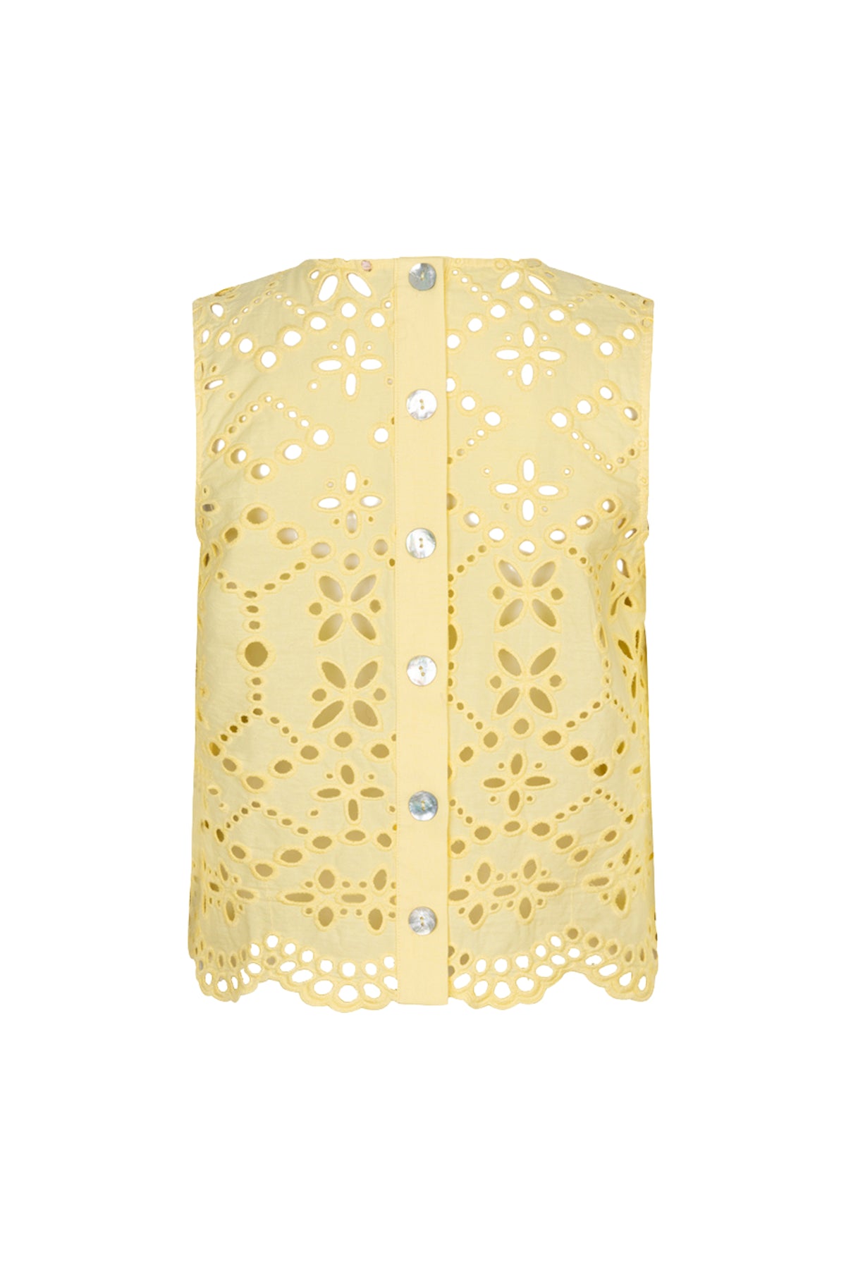 Lemon gele broderie anglaise top van EsQualo met bloemenpatroon en delicate details, modieus en lichtgewicht voor dames.