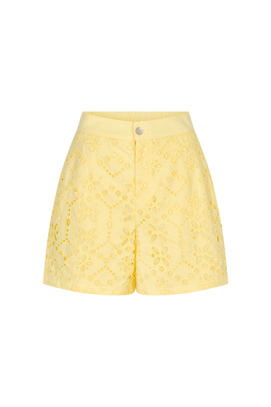 Broderie Anglaise short van EsQualo met gele details, geschikt voor zomerse outfits, op een witte achtergrond.