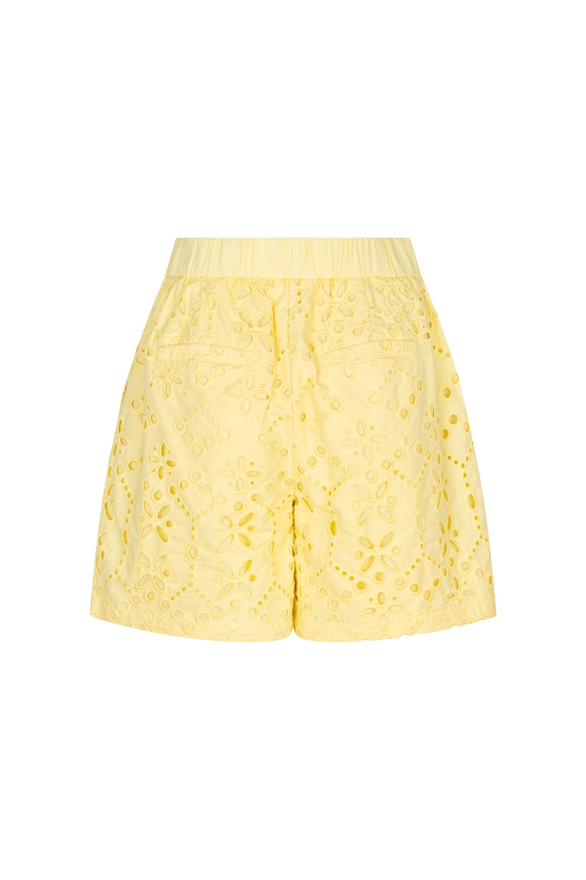 Lichte witte broderie anglaise short met citroenpatroon van EsQualo, perfect voor zomeroutfits.