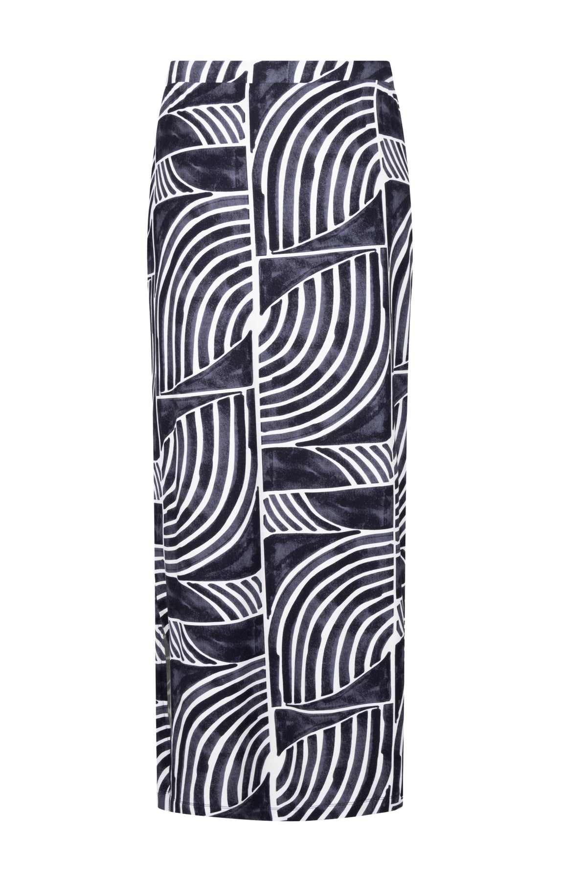 Geruite navy rok Maggy door Zoso, strak model met tailleband en knielengte, gedragen door een model op een witte achtergrond.
