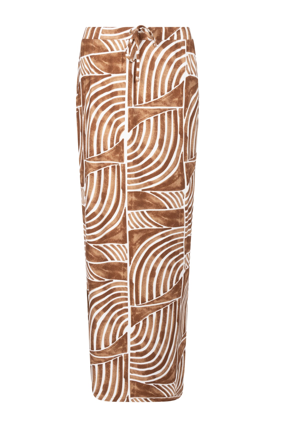Zoso Maggy Summer Camel rok met A-lijn en zijzakken, gedragen door een model, op een lichte achtergrond.