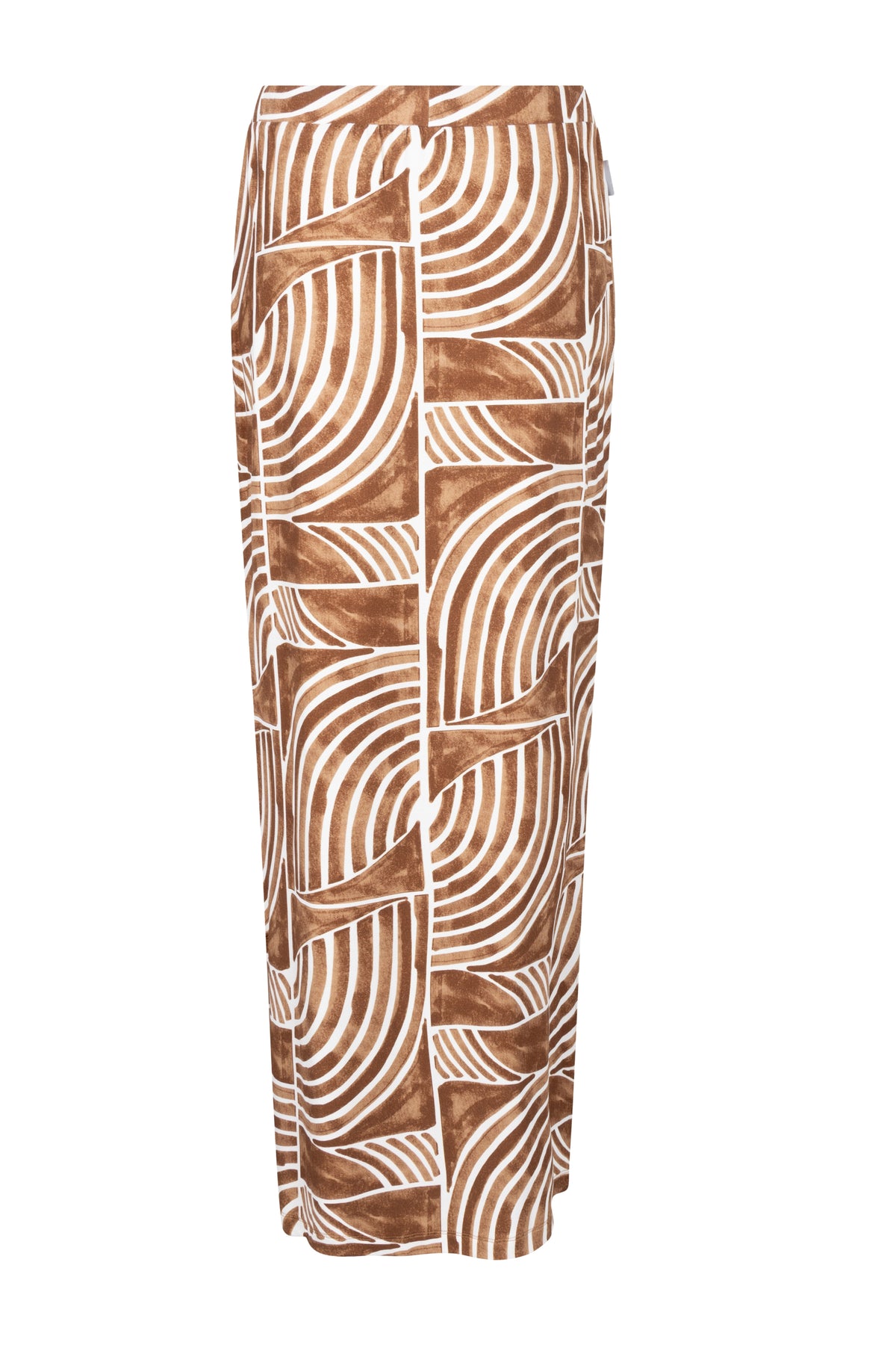Zoso Maggy Summer Camel rok met flowy stof en elastische taille, gedragen door een model op een lichte achtergrond.