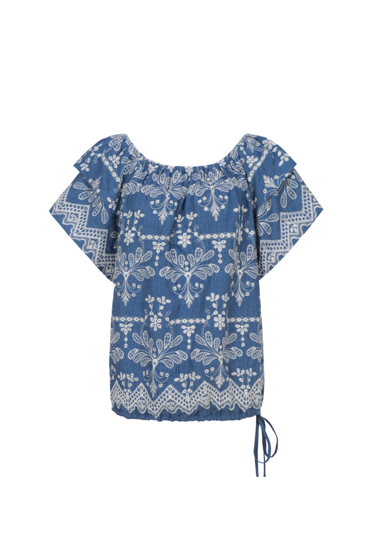G-maxx Fallon denim top in mid blauw, close-up van de stof en pasvorm, geschikt voor casual en trendy outfits