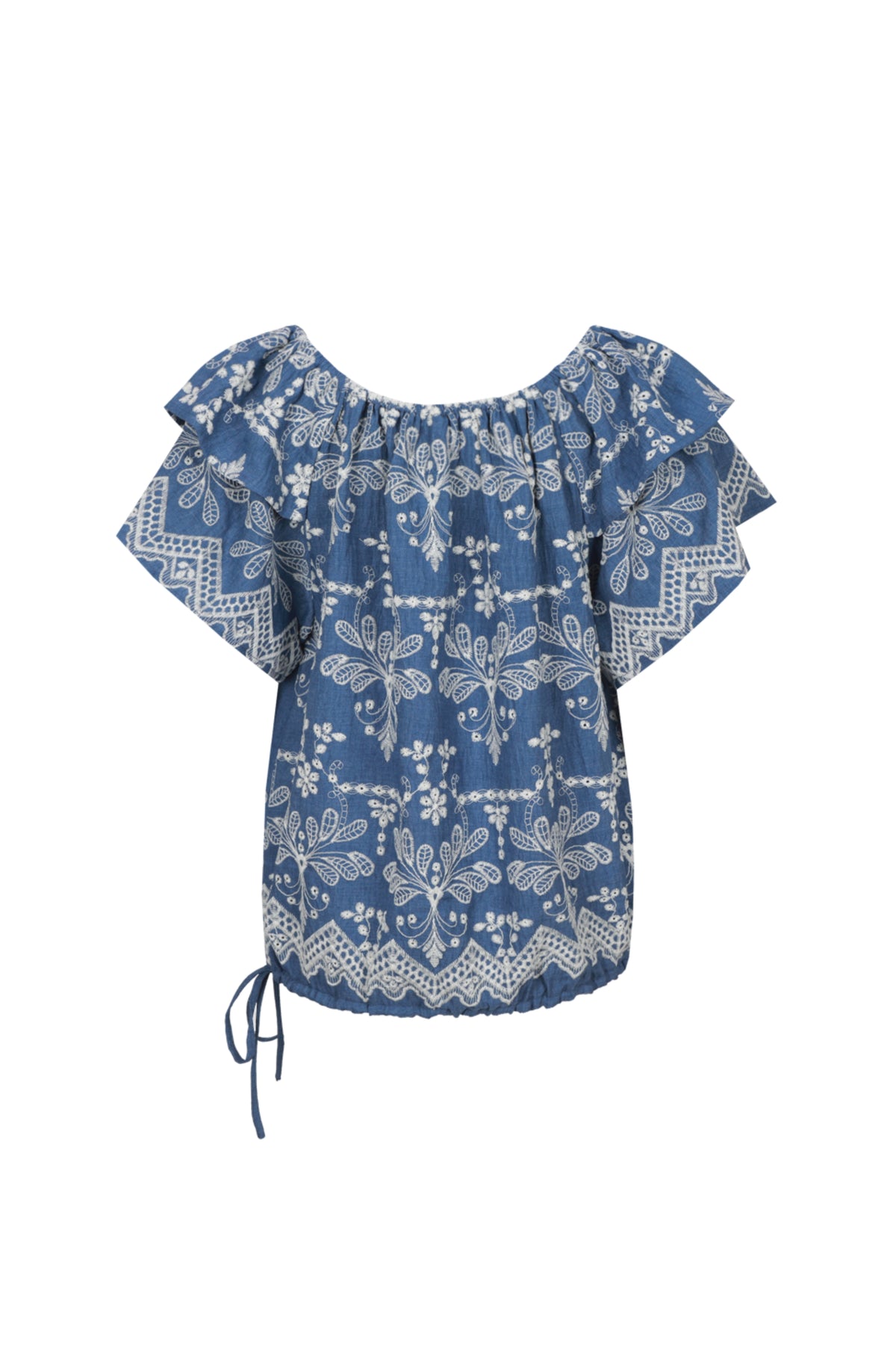 G-maxx Fallon denim top in middellekleur met ronde hals en lange mouwen, casual stijl, gedragen door een model.