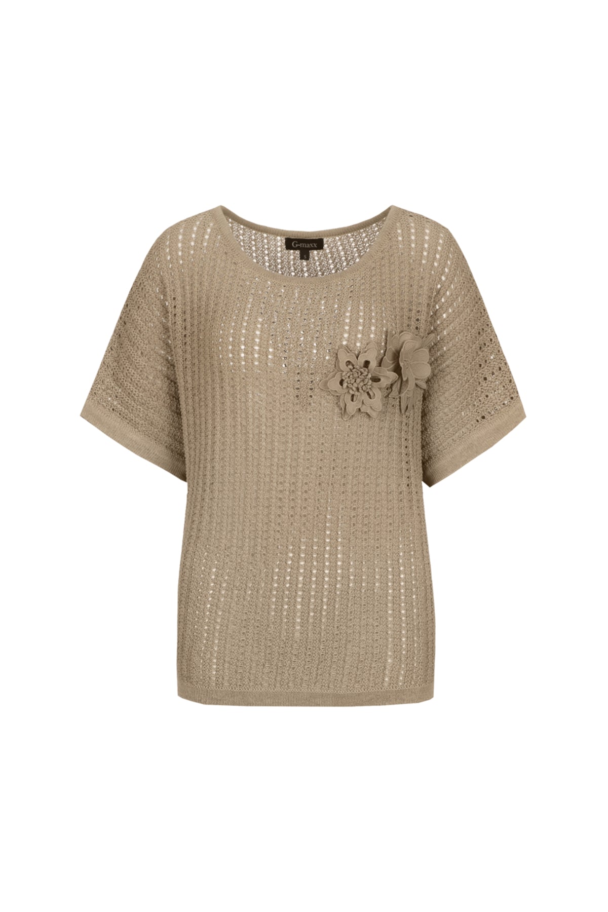 G-maxx Vanja brei-top in nude oat kleur, casual damestop met zachte stof en comfortabele pasvorm, op een model gedragen