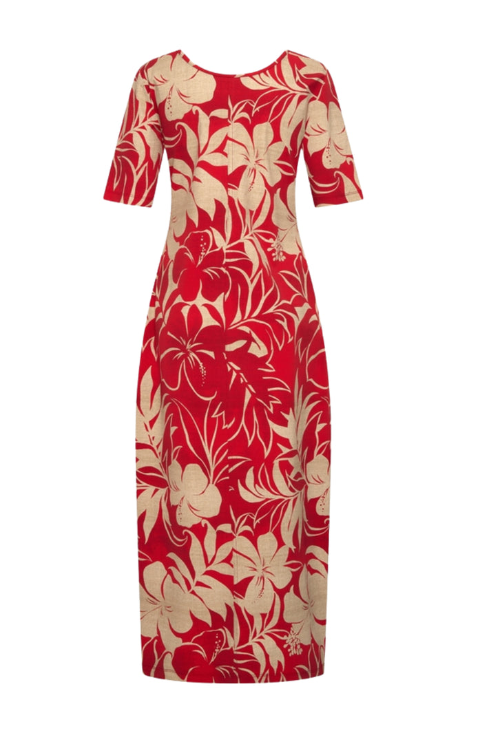 Tropische rode travel jurk met hibiscusprint van Mi Piace, casual zomeroutfit met bloemenpatroon en luchtige stof.
